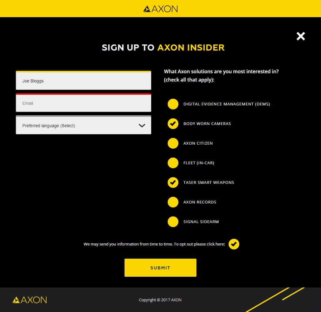 Sign-up form to test & evaluate Axon products screenshot (click to enlarge)