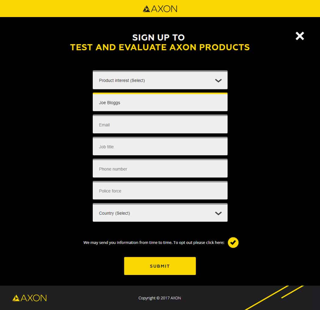 Sign-up form for 'Axon Insider' screenshot (click to enlarge)