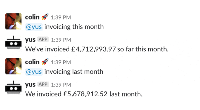 Invoking '@yus invoicing this month' in Slack