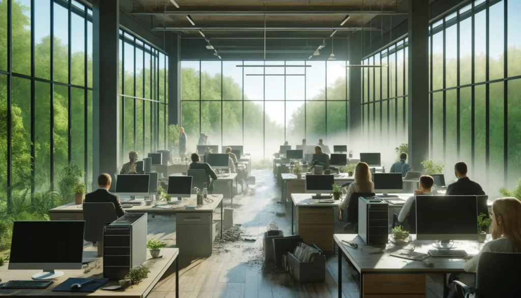 People working in an office with computers with paper gathering dust