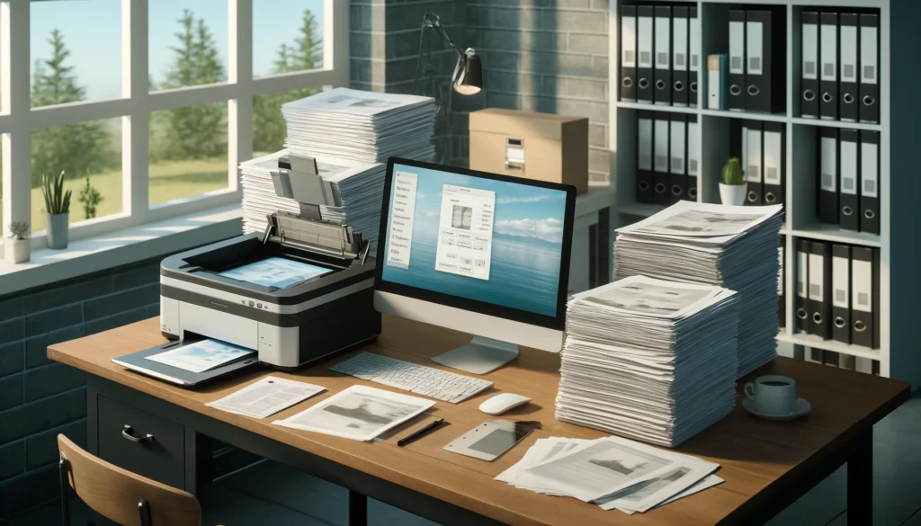 Image of an office desk with stacks of paper, folders, and documents being transformed into digital files